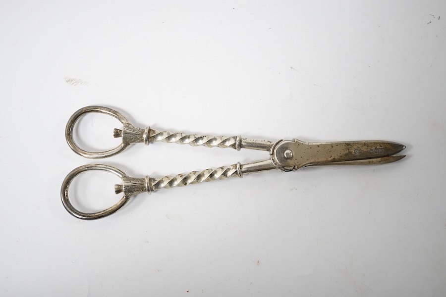 A cased pair of late Victorian silver grape scissors, by William Hutton & Sons, London, 1897, 17.6cm. Condition - fair to good